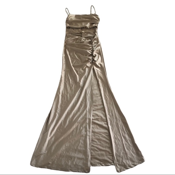 gold formal cutout prom dress with slit - Picture 2 of 6